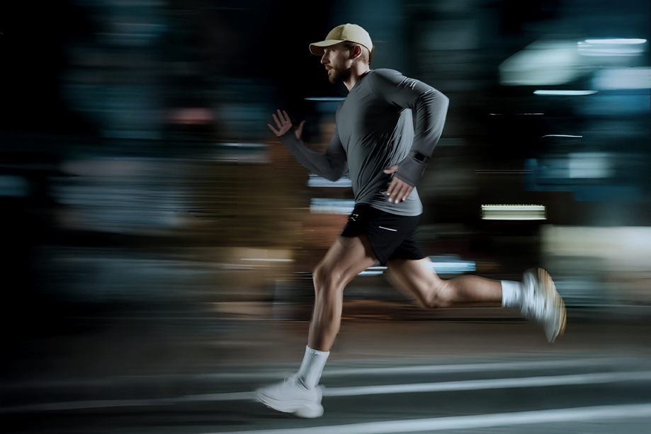 Corredor nocturno en movimiento con el smartwatch Belong en la muñeca